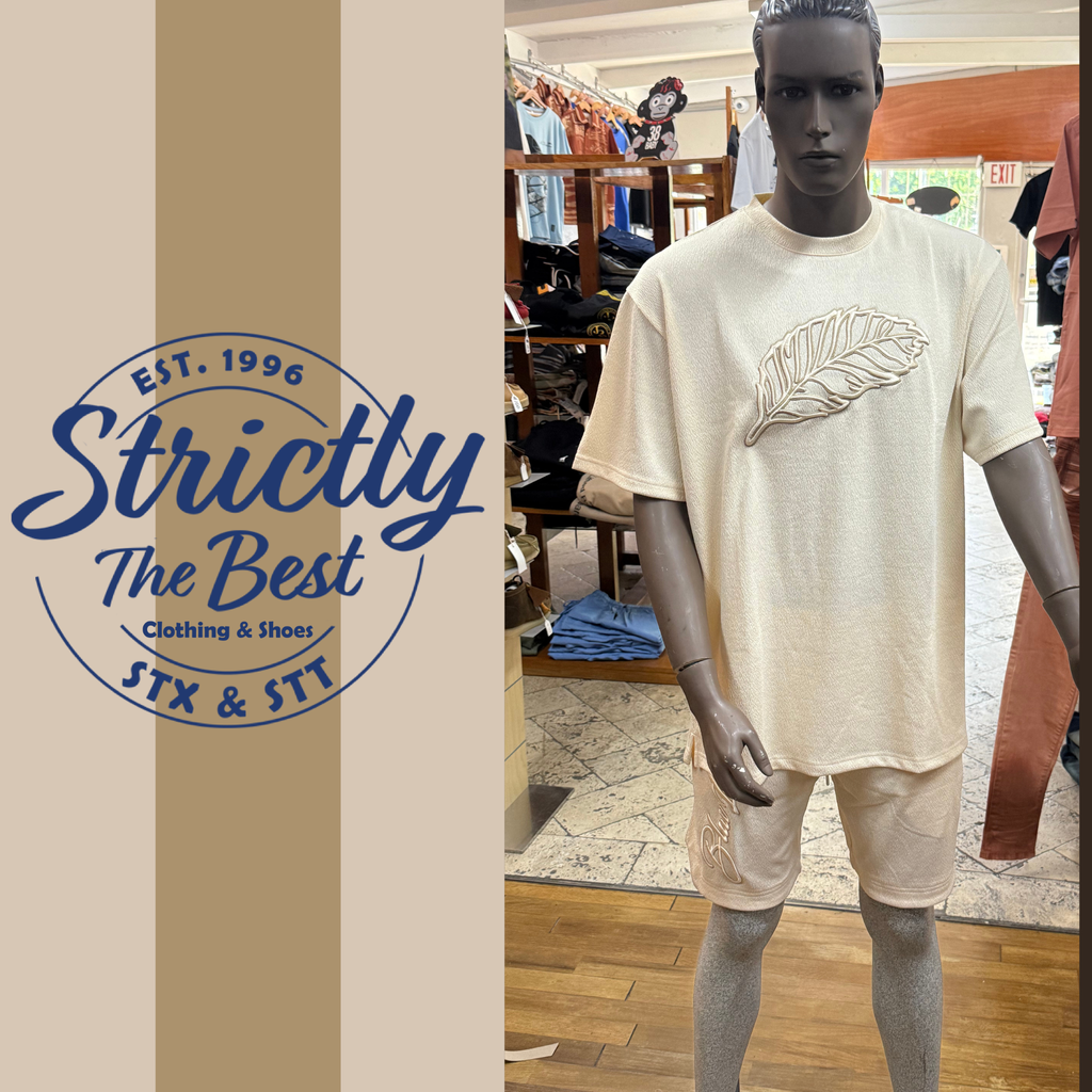 Blu Leaf Cream Textured Set – Tee &amp; Shorts