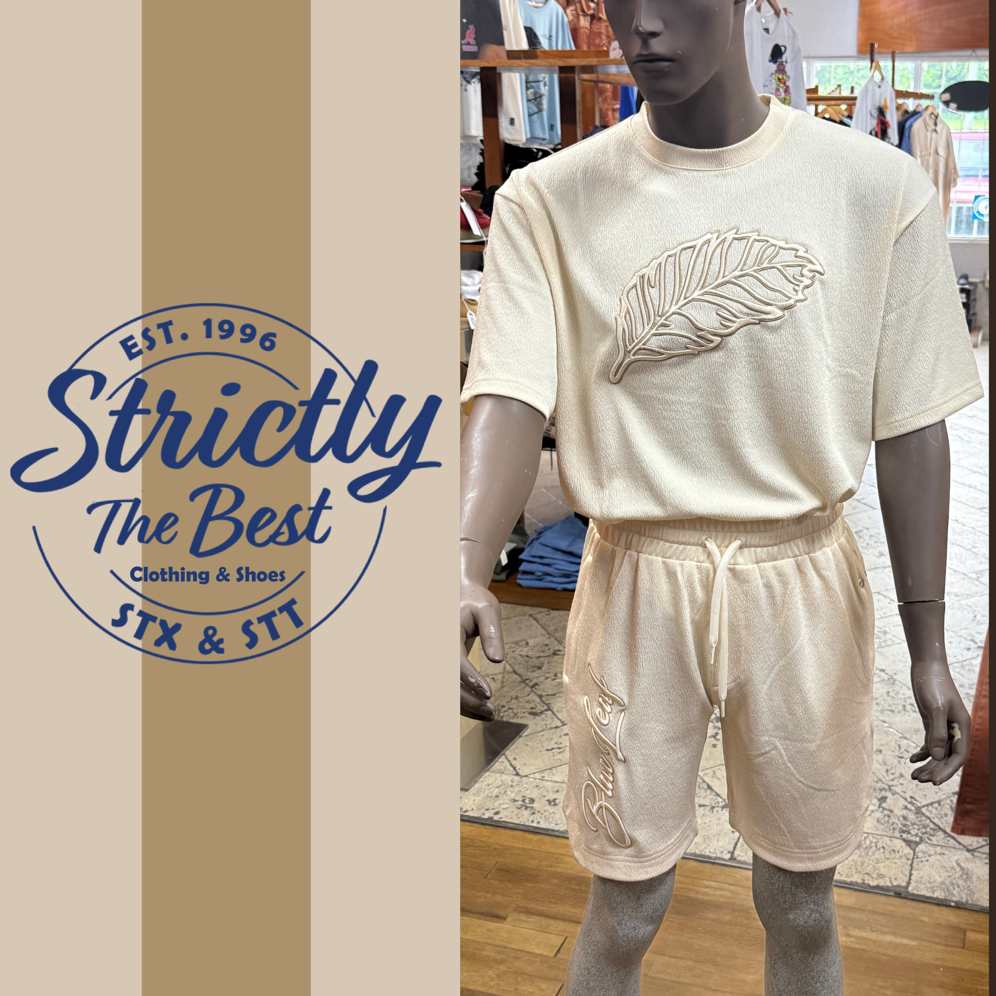 Blu Leaf Cream Textured Set – Tee &amp; Shorts