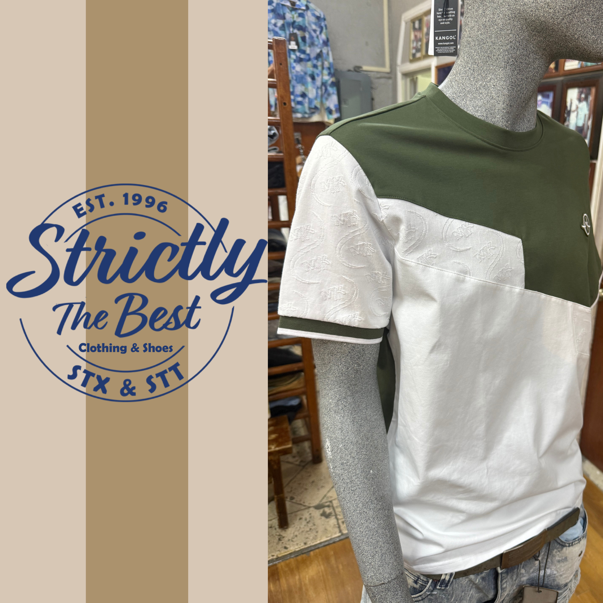 Kangol Embossed Panel Tee – Olive &amp; White