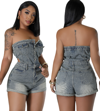 Strapless Denim Jumpsuit Short
