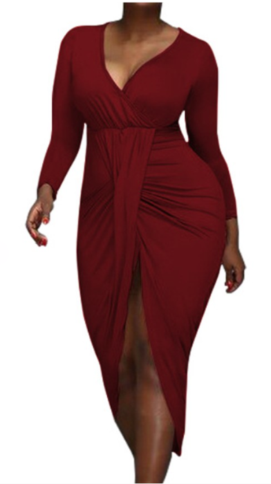 Irregular Long Sleeve V Neck Dress