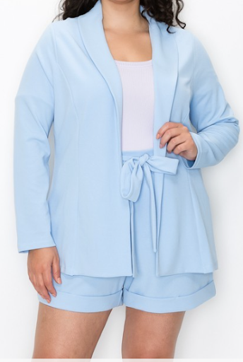 Plus Size Open Front Top and Belted Short Set